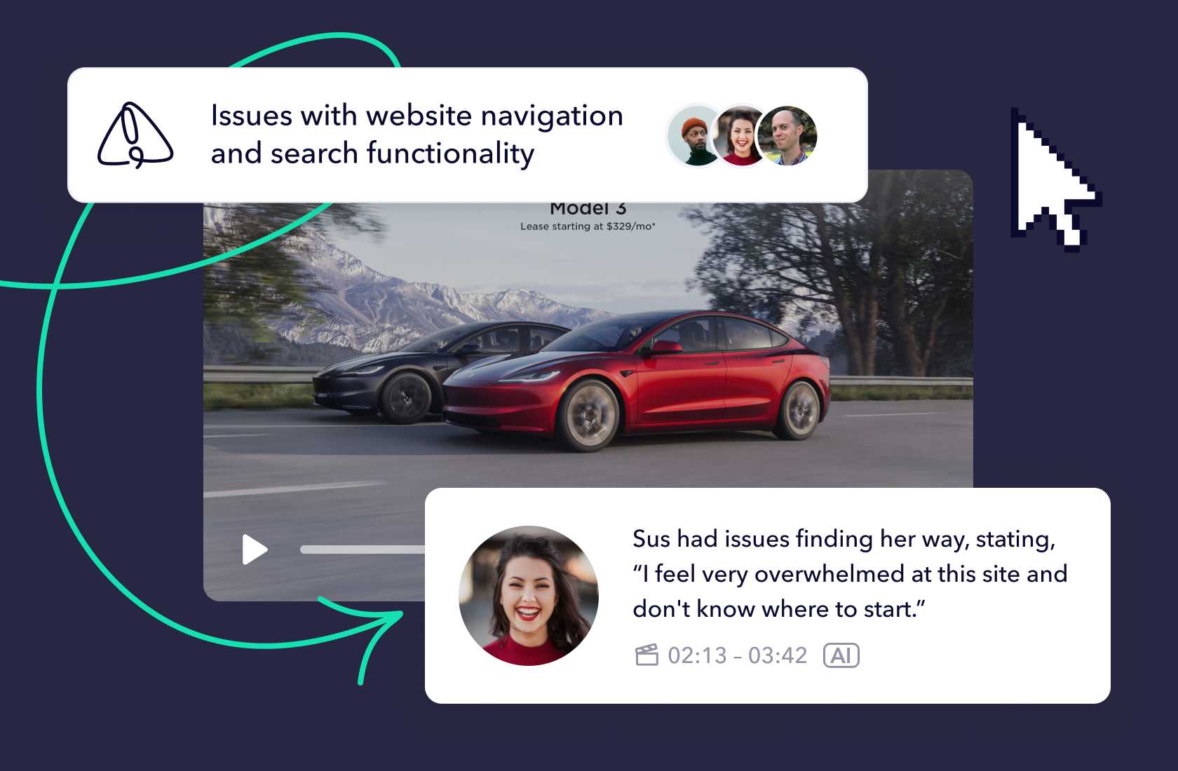Auto generated insights of a test's videos with references to transcripts