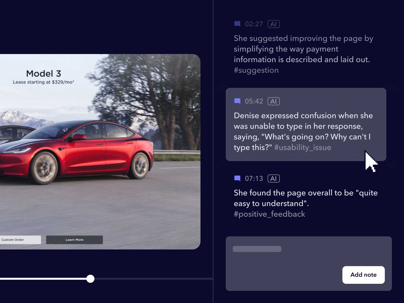 A screenshot of the Userbrain dashboard with an example of AI-generated notes