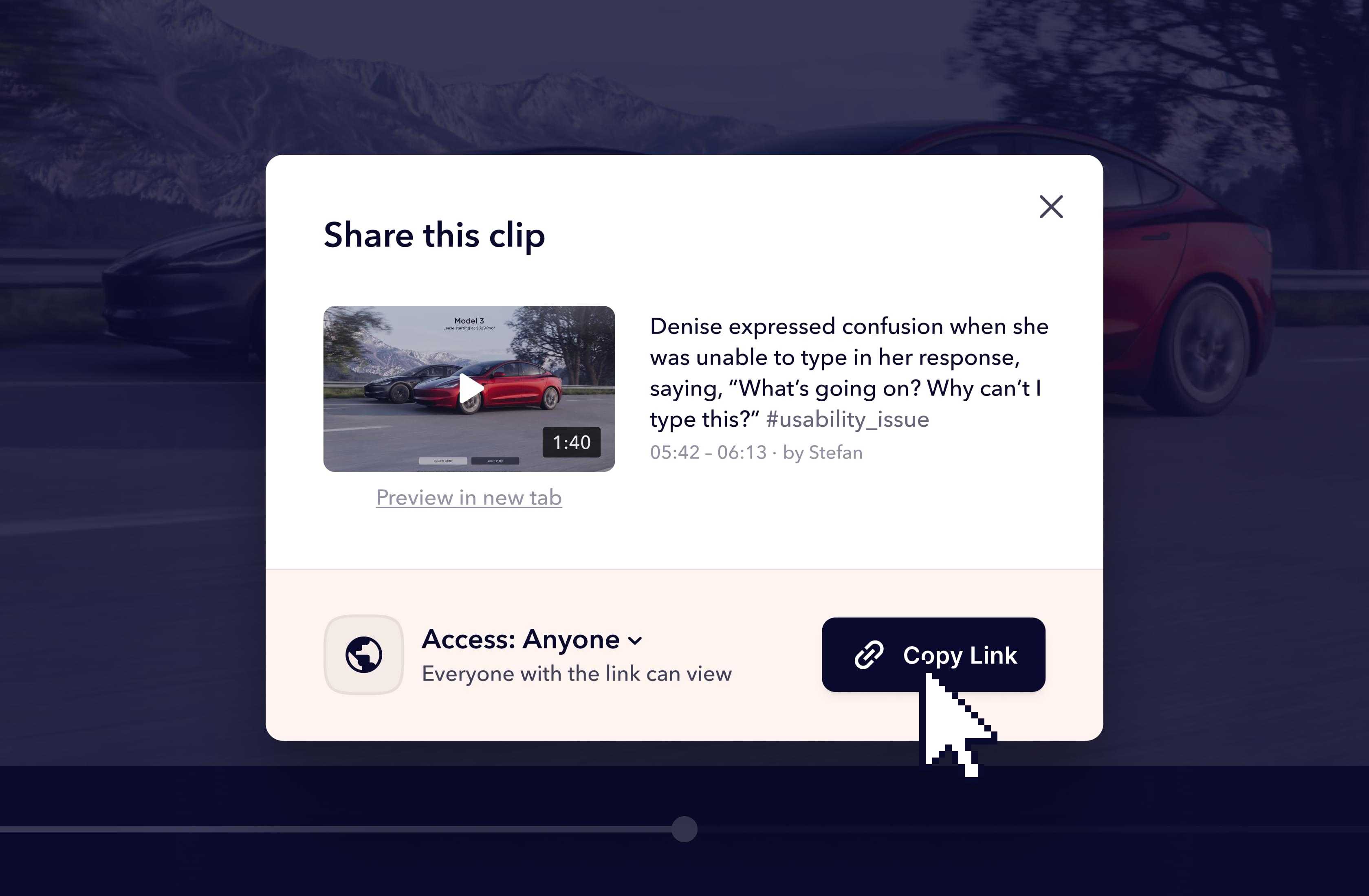 Modal with button that copies clip link