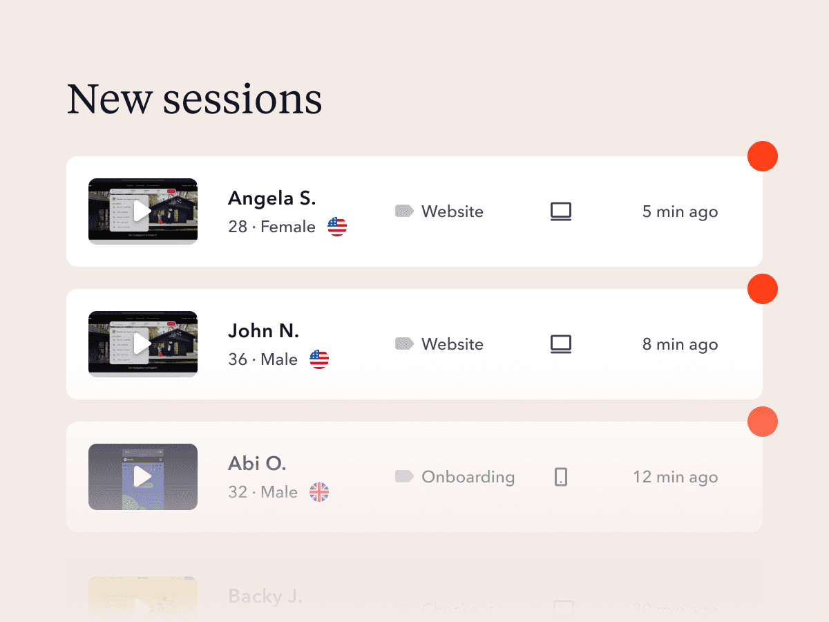 UI showing new user test sessions from participants