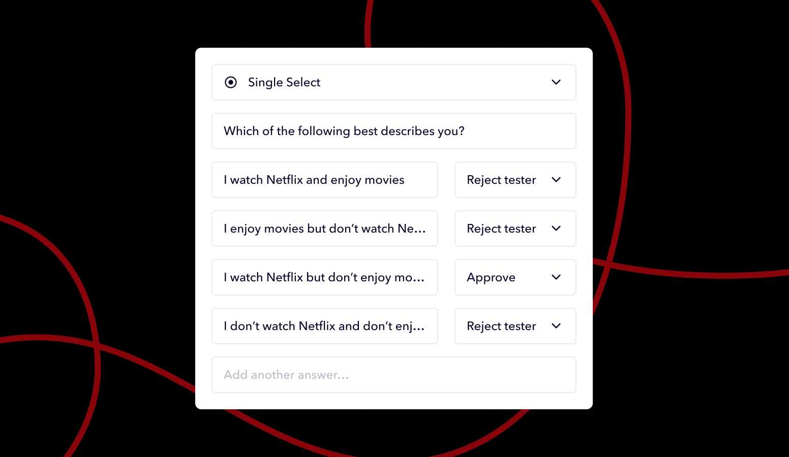 UI showing the screener example: find participants who watch Netflix but don’t enjoy movies