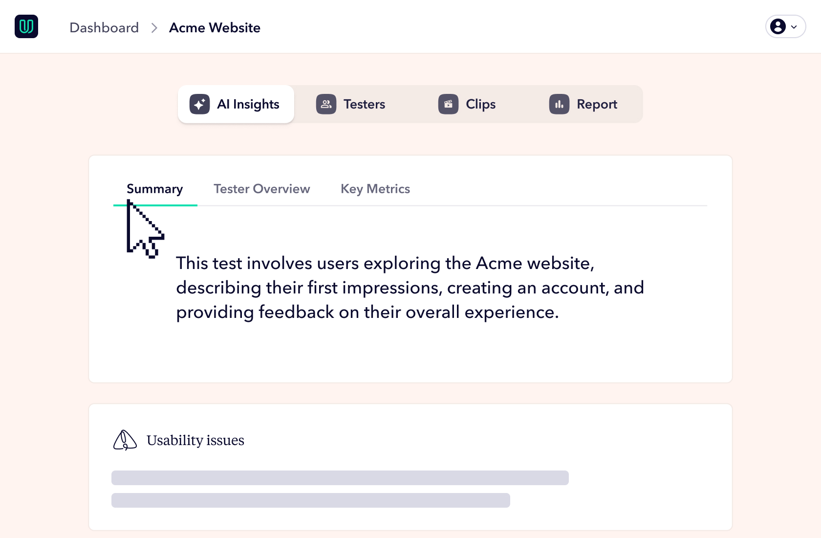 Screenshot of the Userbrain dashboard showing an ai generated summary