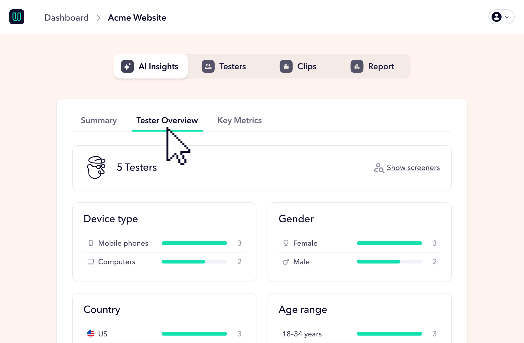 Screenshot of the Userbrain dashboard showing the testers overview with demographics