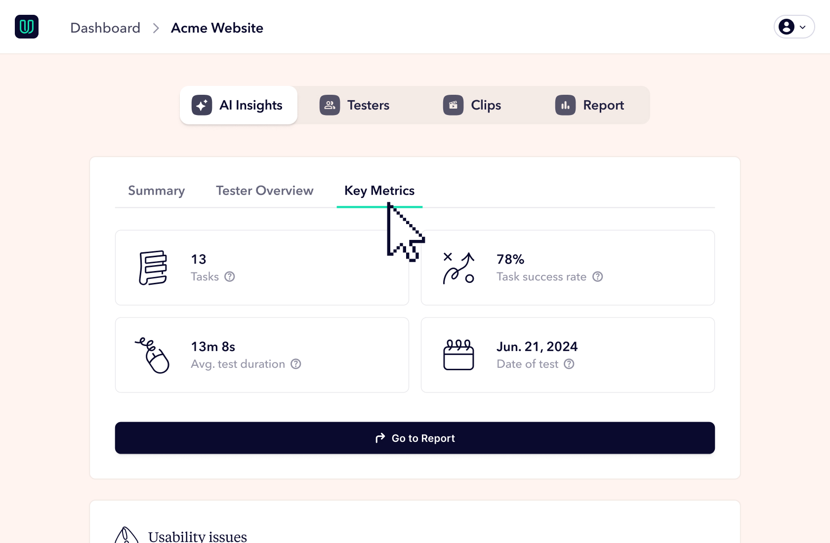 Screenshot of the Userbrain dashboard showing key metrics like Time on Task, Success Rate, and more