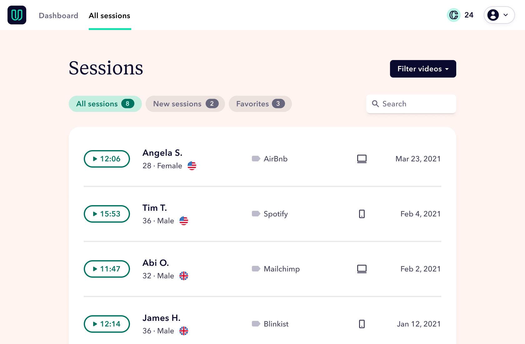 Userbrain dashboard showing a list of remote user testing videos