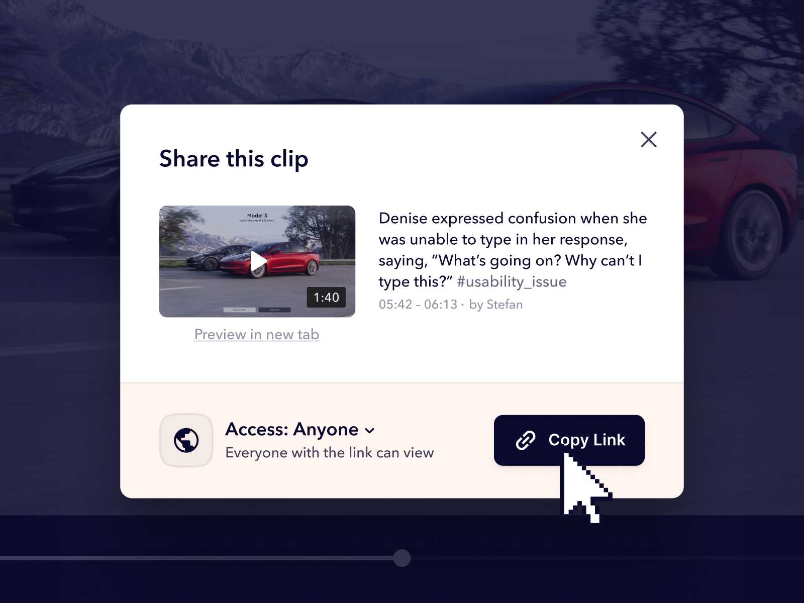 Screenshot of user testing clip sharing interface