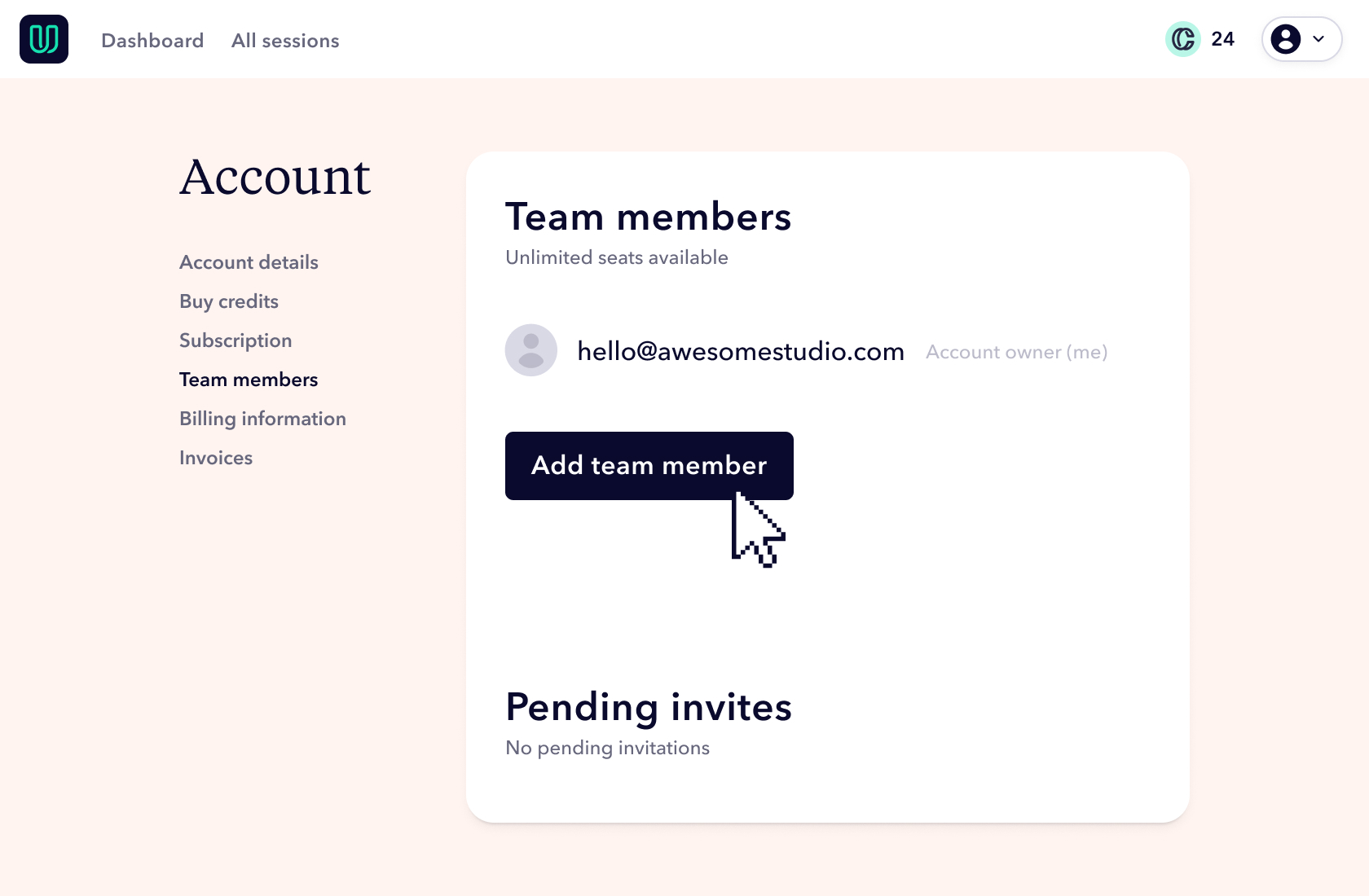 Add team member, second step: Mouse pointer clicking on add team member