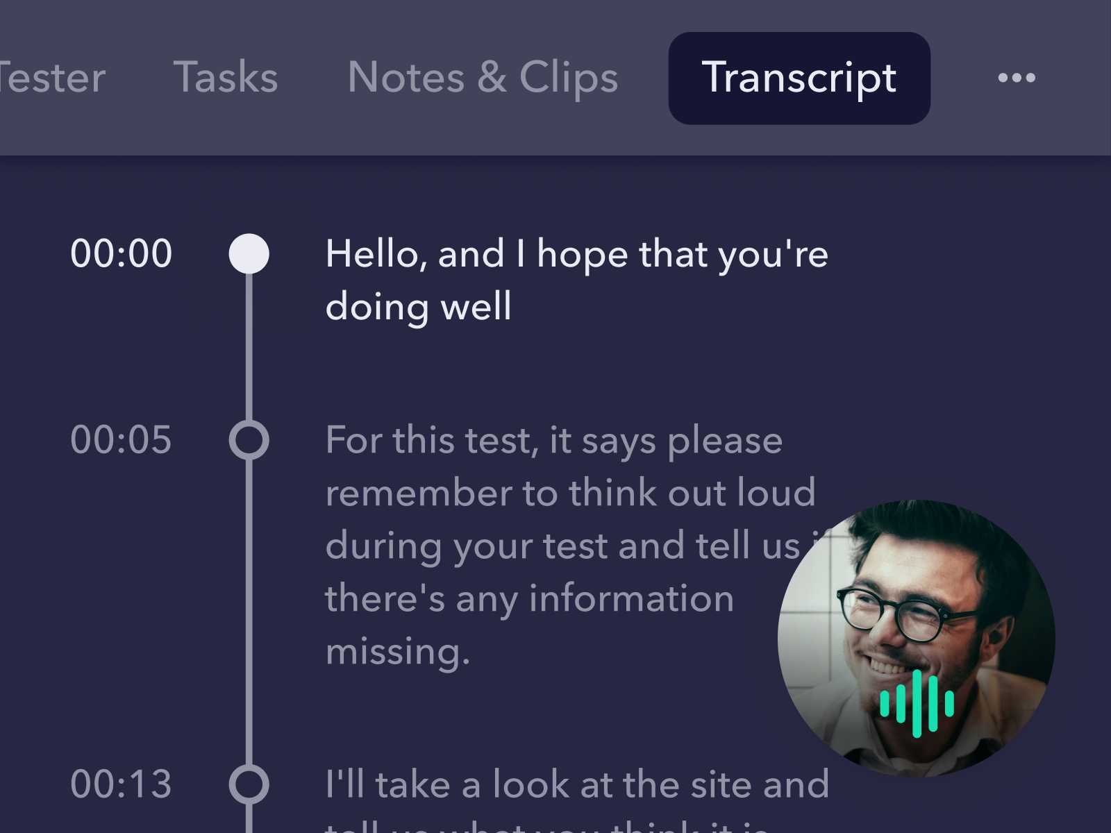 A screenshot of the Userbrain dashboard with an example transcript