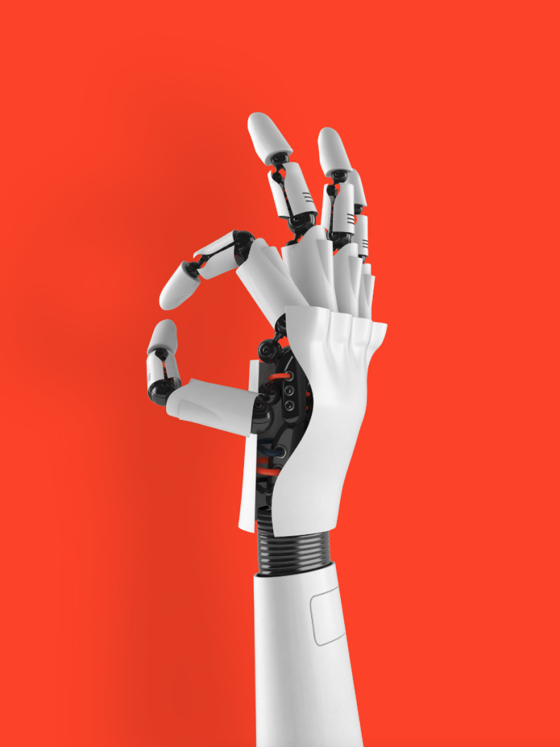 Robotic hand on red background